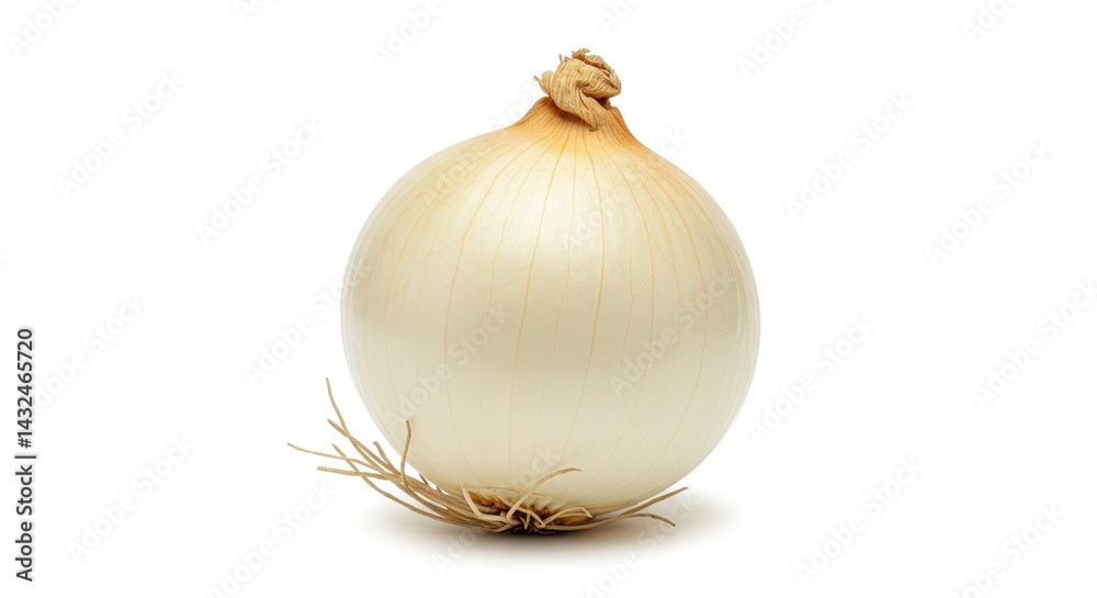 Fototapeta premium A single white onion with dry roots and stem on a plain white background in a studio shot