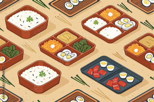 Create a vibrant vector seamless pattern featuring traditional Japanese breakfast elements like rice, miso soup, pickles, fish, and seaweed.  Ensure a clean, modern aesthetic.