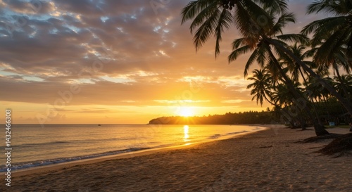 Sunset at Tropical Beach with Palm Trees and Golden Light