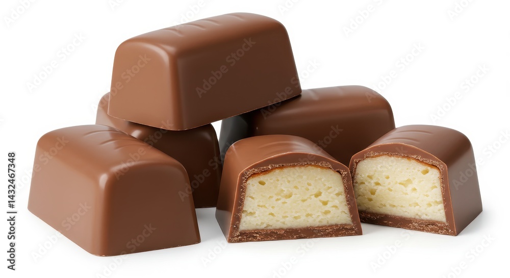 A close up shot of a pile of milk chocolate candies with creamy filling on a white background surface A close up shot of a pile of milk chocolate candies with creamy filling on a white background surface
