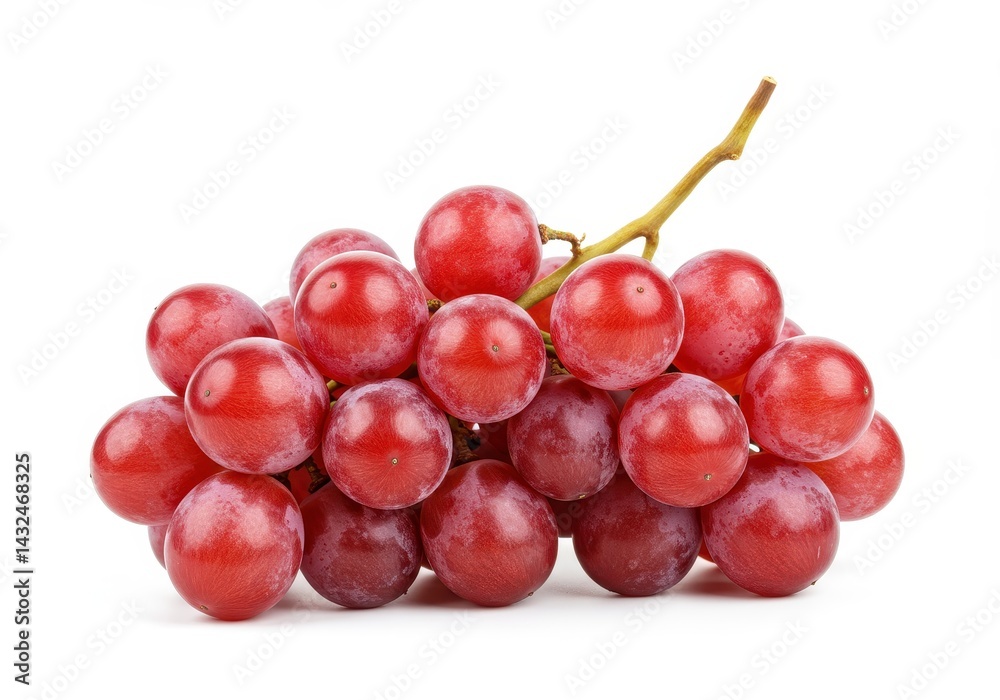 A vibrant bunch of ripe red grapes freshly picked and juicy gleaming against a pure white background Studio shot showcasing the plump A vibrant bunch of ripe red grapes freshly picked and juicy gleaming against a pure white background Studio shot showcasing the plump