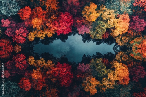 Autumn leaves frame a serene lake photo