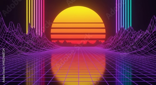 Retro Synthwave Landscape with Grid, Sunset and Neon Lines