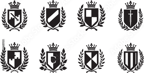 set of heraldic shields, shield, emblem, icon, vector, symbol, heraldic, crest, design, illustration, sign, badge, banner, decoration, arms, frame, insignia, crown, label, element, heraldry, vintage, 