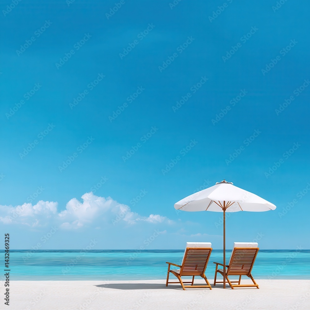 Obraz premium Landscape summer vacation holiday travel ocean sea beach background banner panorama - Wooden sun loungers, lounge chair and parasol on the sand, blue sky and sunshine --profile.