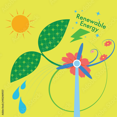 Colorful eco illustration of solar leaves, wind turbine, water drops, and sun. Perfect for themes of renewable energy, sustainability, and clean, green technology.
