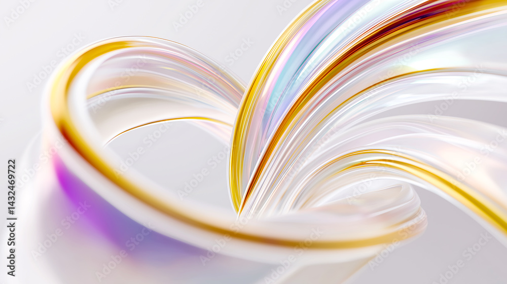 Fototapeta premium Fluid digital artwork showcasing intertwined metallic ribbons with golden and iridescent hues, emphasizing elegance and motion. Perfect for advertising, design, and artistic projects.