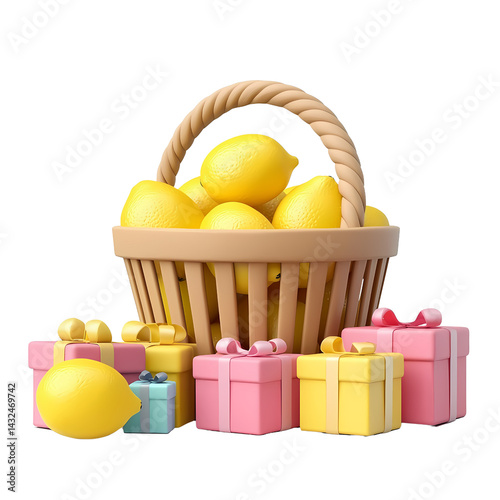 Basket of Lemons with Colorful Gift Boxes 3D Render Fresh Citrus Fruits Presents