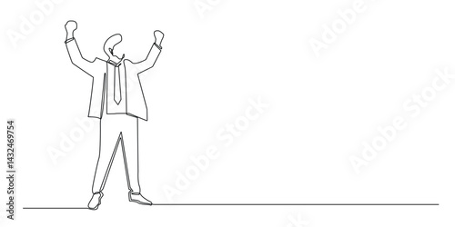 continuous one line drawing of business man with happy expression.single line vector illustration of successful business man.business man stretching his arms above.one line drawing art