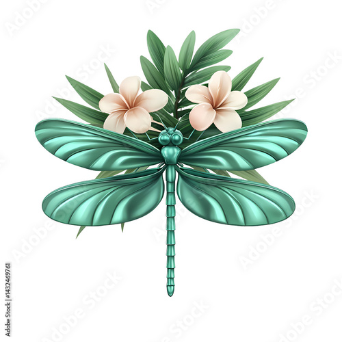 Teal Metallic Dragonfly with Tropical Plumeria Flowers and Lush Green Leaves