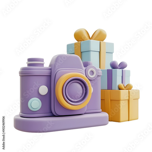 Cartoon Camera with Stack of Gifts Photography Birthday Present Concept Illustration