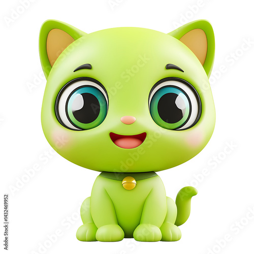 Adorable 3D Render of a Happy Green Kitten Cartoon Cat Big Eyes Sitting