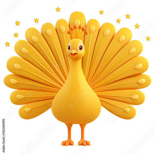 Adorable Golden Peacock Cartoon 3D Render Happy Bird with Tail Feathers Stars Background