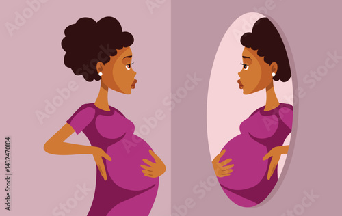 Pregnant Woman Looking at Herself in the Mirror Vector Illustration. Mother to be admiring her strong body before giving birth 
