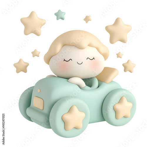 Adorable Cartoon Baby in Pastel Green Car Surrounded by Stars 3D Render Illustration