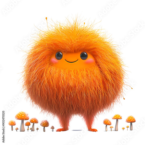 Adorable Orange Fuzzy Monster with Smiling Face and Mushrooms Illustration
