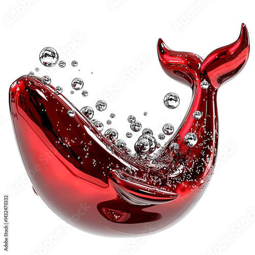 Red Metallic Whale Tail Jumping Water Bubbles 3D Render Abstract Aquatic Animal
