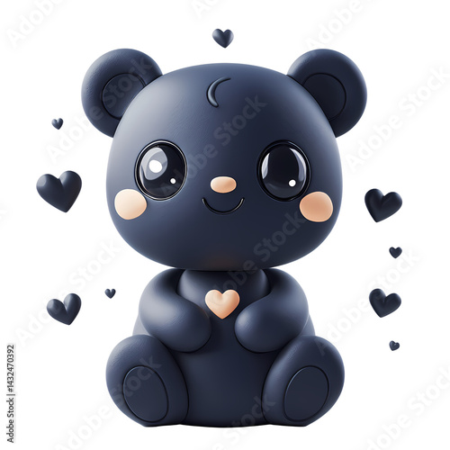 Adorable 3D Render of a Cute Dark Gray Teddy Bear Holding a Heart Surrounded by Hearts
