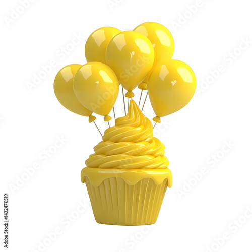 Festive Yellow Cupcake with Balloons Birthday Party Dessert 3D Render