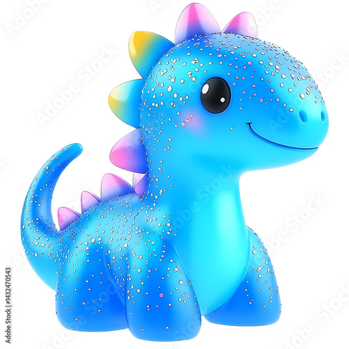 Adorable Blue Glitter Dinosaur Cute Cartoon Baby Dino Kawaii Style 3D Render