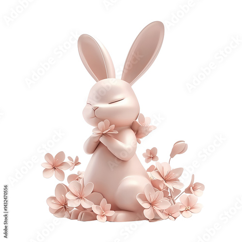 Adorable Pink Bunny Rabbit Surrounded by Delicate Cherry Blossoms 3D Render