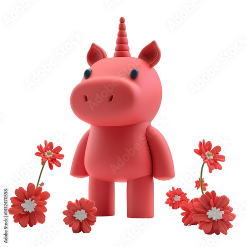 Adorable Pink Unicorn Figurine with Coral Flowers 3D Render Cute Cartoon Character Springtime Scene