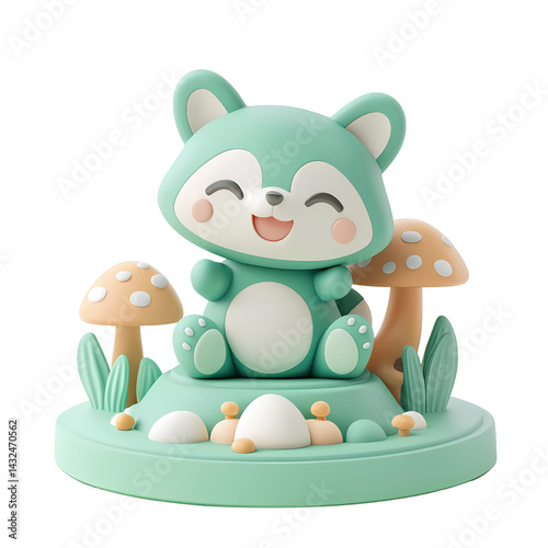 Adorable 3D Rendered Cartoon Raccoon Sitting Amongst Mushrooms in a Whimsical Forest Scene
