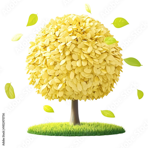 Lush Yellow Tree with Falling Leaves Spring or Autumn Nature Scene 3D Render