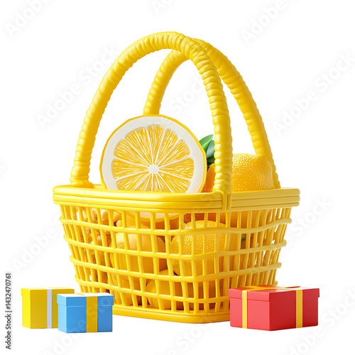 Yellow Lemon Basket with Gifts Fresh Citrus Fruit in a Yellow Shopping Basket 3D Render