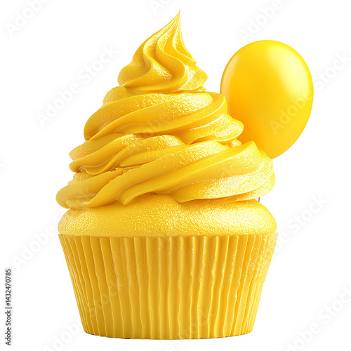 Delicious Yellow Cupcake with Swirled Frosting and Balloon Festive Bakery Treat