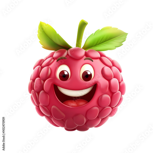 Happy Cartoon Raspberry Character 3D Render Red Berry Fruit Emoji Smiling Food Illustration