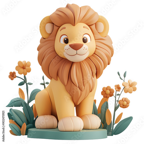 Adorable 3D Render of a Cartoon Lion Cub Sitting Amidst Flowers and Lush Greenery