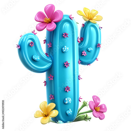 Vibrant Blue Cartoon Cactus with Colorful Flowers Summer Desert Plant 3D Render