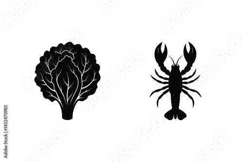 Black Silhouettes Of Lettuce And Lobster On White Background Graphic Illustration
