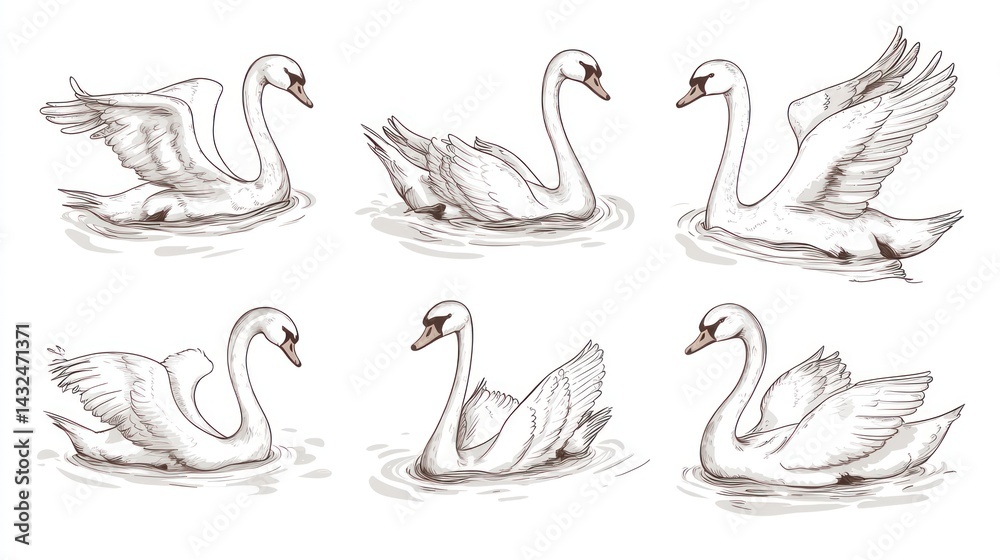 Fototapeta premium Six Swans Swimming, Water, Nature, Illustration, Wildlife, Design, Print, Decor