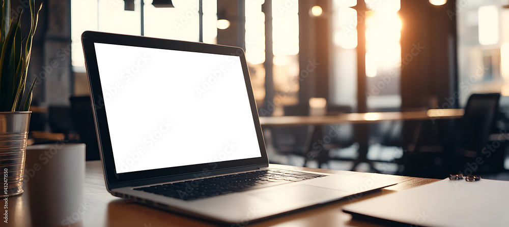 Fototapeta premium A Laptop with a Transparent PNG Screen for Personalized Branding and Advertisement in a Modern Coworking Office Setting