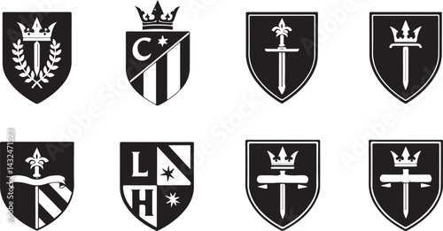 set of heraldic shields, shield, emblem, icon, vector, symbol, heraldic, crest, design, illustration, sign, badge, banner, decoration, arms, frame, insignia, crown, label, element, heraldry, vintage, 