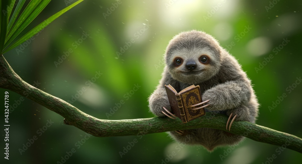 Fototapeta premium Adorable sloth enjoys a quiet moment reading a book.