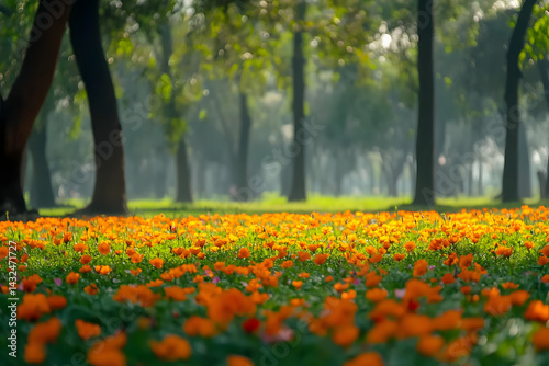 Orange Flowers Bloom in Sunny Park