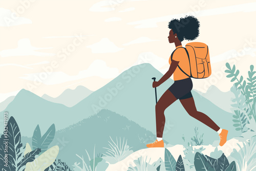 African woman hiking up a hill with backpack, fitness and nature blend vector illustration
