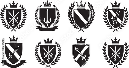 set of heraldic shields, shield, emblem, icon, vector, symbol, heraldic, crest, design, illustration, sign, badge, banner, decoration, arms, frame, insignia, crown, label, element, heraldry, vintage, 