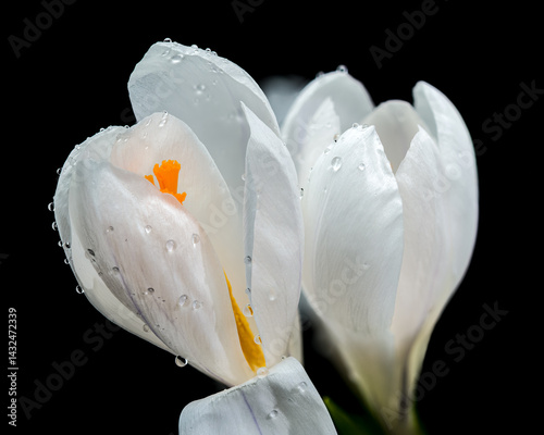 White Crocus Blooms Against Stark Black, Dew-Kissed and Delicate