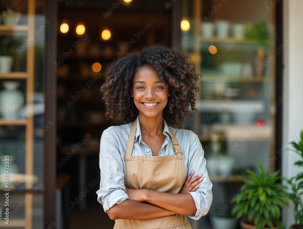 The image shows a woman wearing a light blue shirt and an apron, standing in front of a store with shelves of ceramics and potted plants