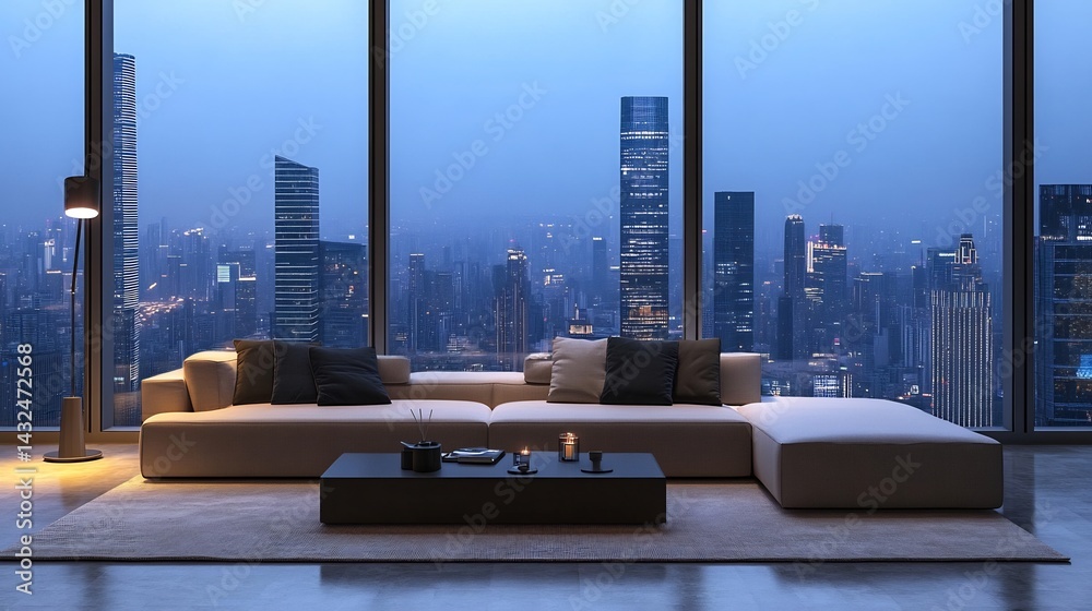 custom made wallpaper toronto digitalSerene Modern Living Room: Cityscape Twilight View