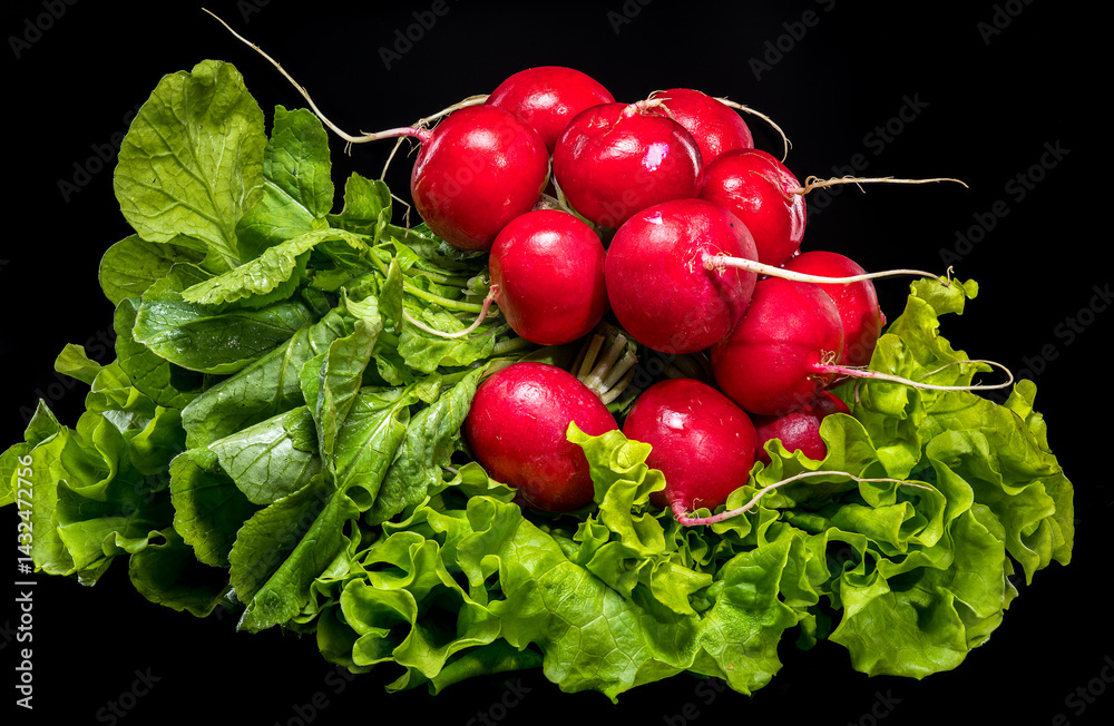 Fresh Red Radishes with Green Leaves on Black Background