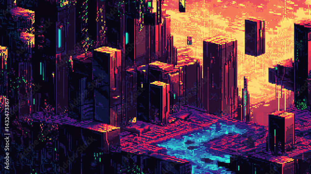Obraz premium Pixel Art Cityscape Futuristic Style with River and Sunset Sky
