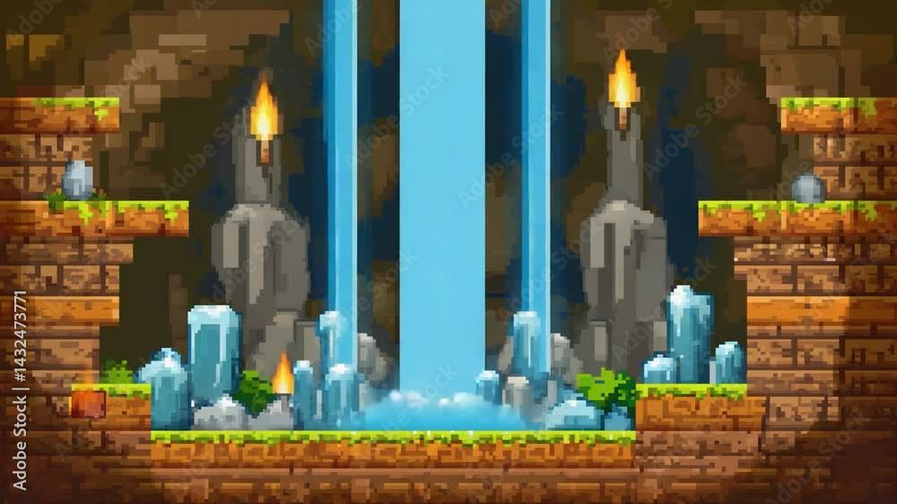 Pixelated cave scene with waterfall and torches.