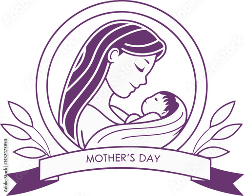 Mother's Day Icon in Minimal Line Art Style. Elegant Mother's Day Logo Design with Baby. Modern Line Art Mother's Day Graphic. Minimalist Mother's Day Embrace Illustration