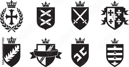 set of heraldic shields, shield, emblem, icon, vector, symbol, heraldic, crest, design, illustration, sign, badge, banner, decoration, arms, frame, insignia, crown, label, element, heraldry, vintage, 