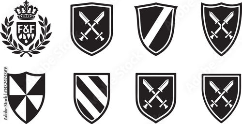 set of heraldic shields, shield, emblem, icon, vector, symbol, heraldic, crest, design, illustration, sign, badge, banner, decoration, arms, frame, insignia, crown, label, element, heraldry, vintage, 